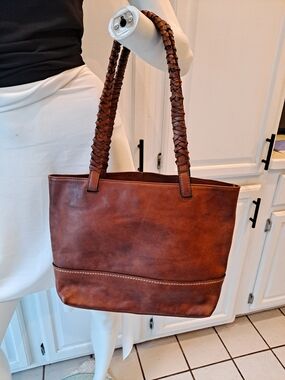 Artisan Handcrafted Brown Braided-Handle Leather Tote Bag